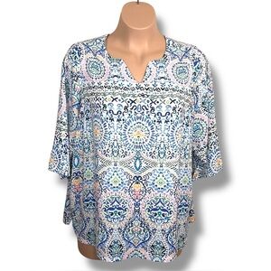 2X Finn And Grace Boho Blouse Top Blue White Peasant Geometric Bohemian